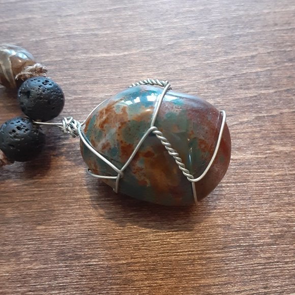 AWESOME- Bloodstone/ DZI Agate/ Black Lava Stone/ Hemp- Knotted Necklace - Picture 5 of 9